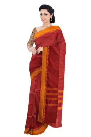 Chettinad Cotton Checked Saree With Separate Kalamkari Blouse (Maroon Colour)