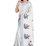 Kerala Cotton Kasavu Embroidery Saree With Running Blouse (Half White)