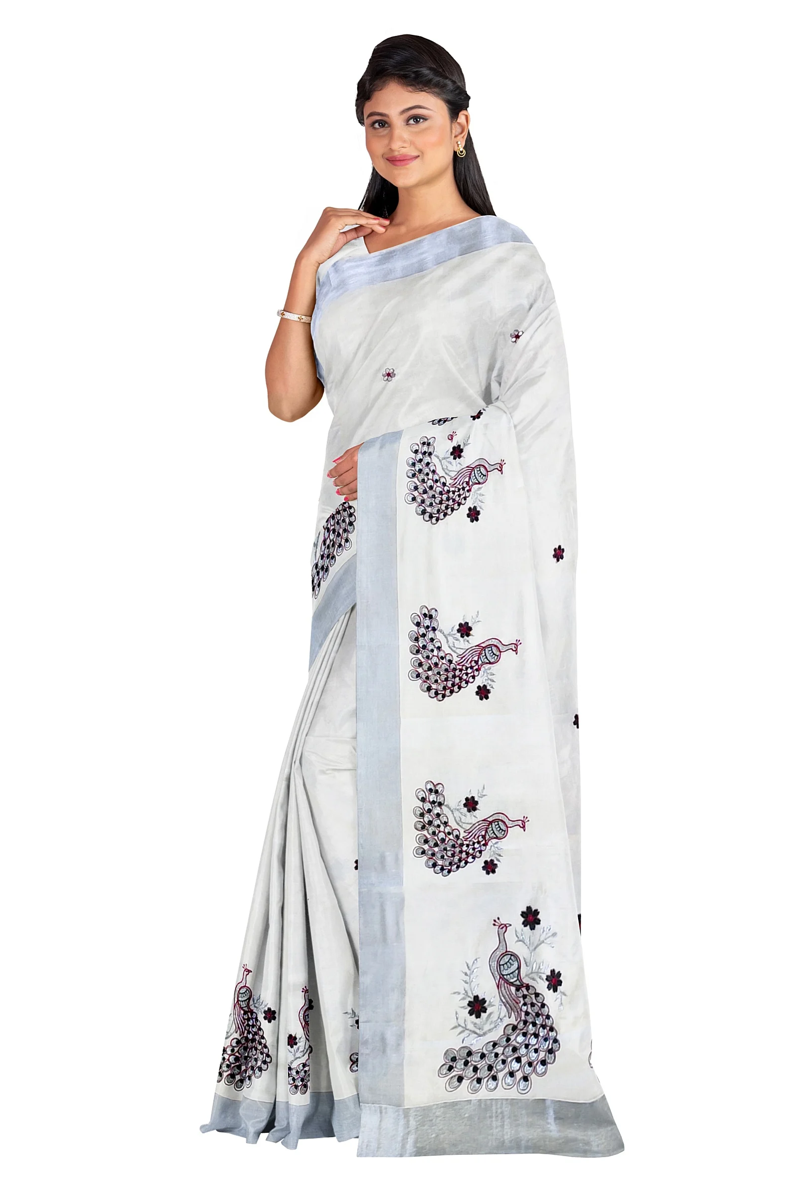 Kerala Cotton Kasavu Embroidery Saree With Running Blouse (Half White)