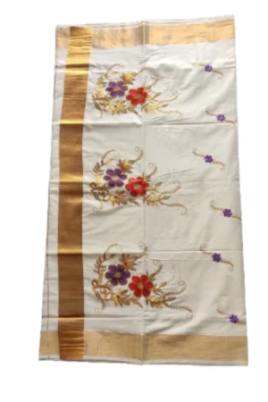 Kerala Kasavu Cotton Embroidery Saree With Running Blouse