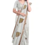 Kerala Cotton Kasavu Embroidery Saree (Half White Colour)