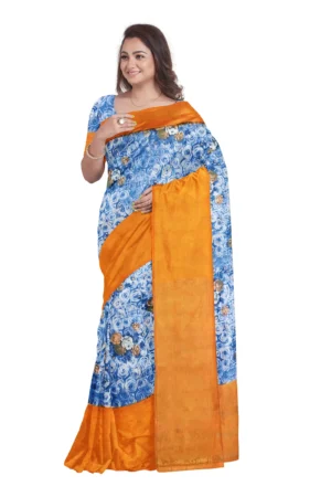Cotton Printed Saree Without Blouse (Blue Colour)