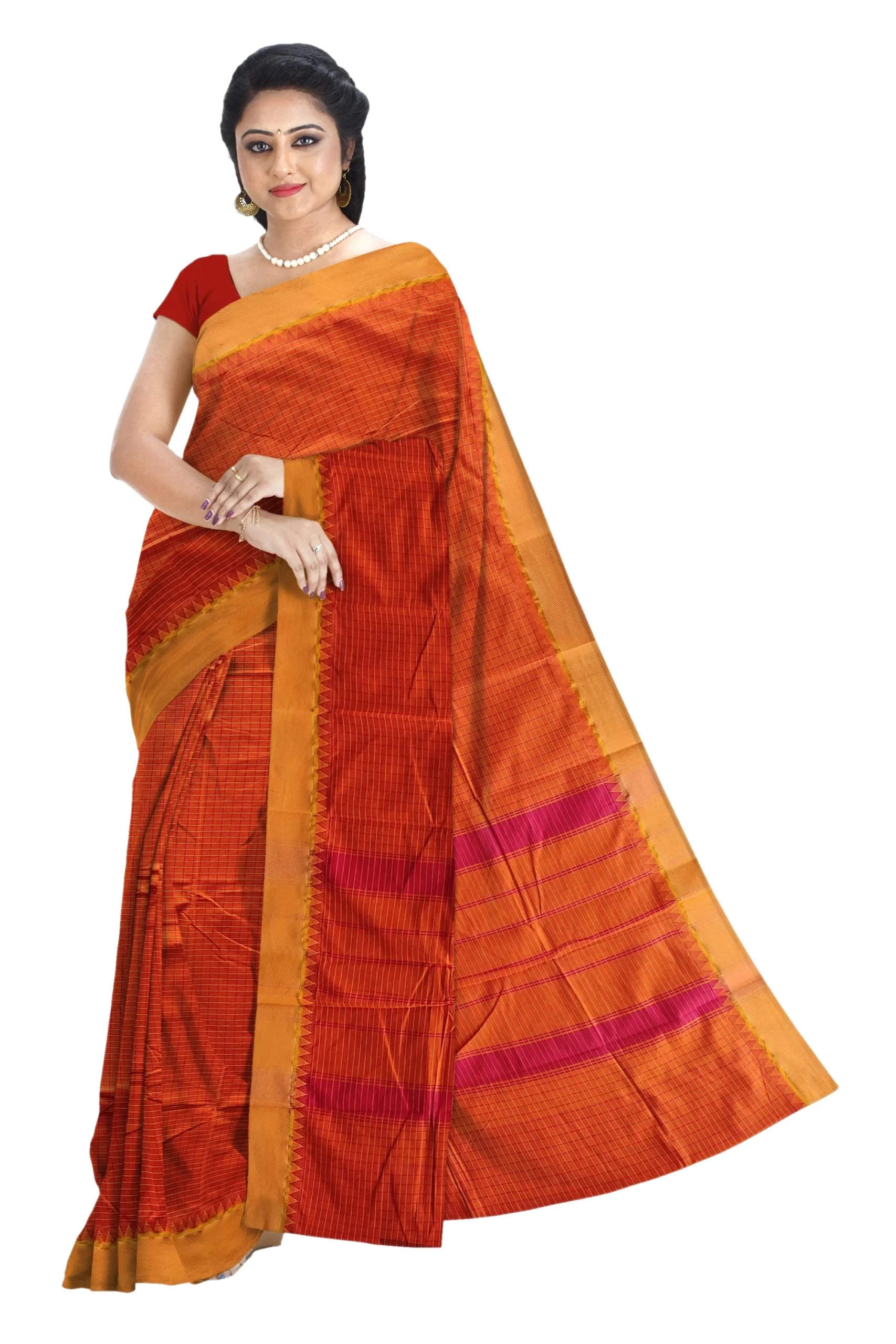 Chettinad Cotton Checked Saree Without Blouse (Orange Colour)