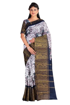 Cotton Printed Saree With Running Blouse Big Zaree Border(Brown Colour)