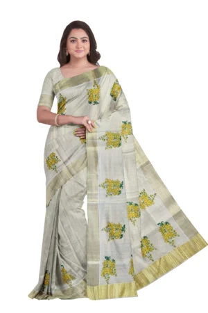 Kerala Tissue Cotton Kasavu Kanikonna Saree With Running Blouse