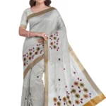 Kerala Cotton Kasavu Embroidery Saree With Running Blouse