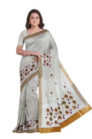 Kerala Cotton Kasavu Embroidery Saree With Running Blouse
