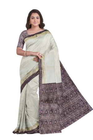 Kerala Tissue Cotton Kasavu Ajrak Saree With seprate Blouse