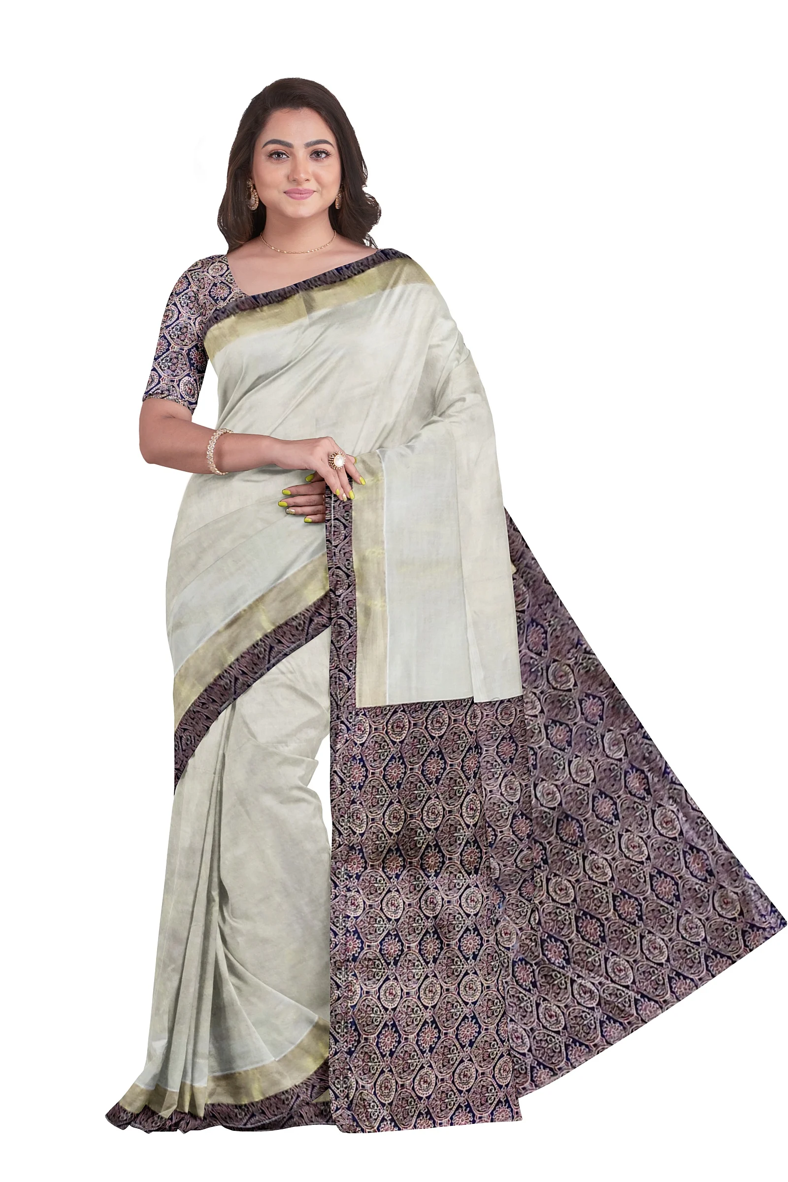 Kerala Tissue Cotton Kasavu Ajrak Saree With seprate Blouse