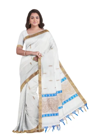 Kerala Cotton Kasavu Jacquard Saree With Running Blouse