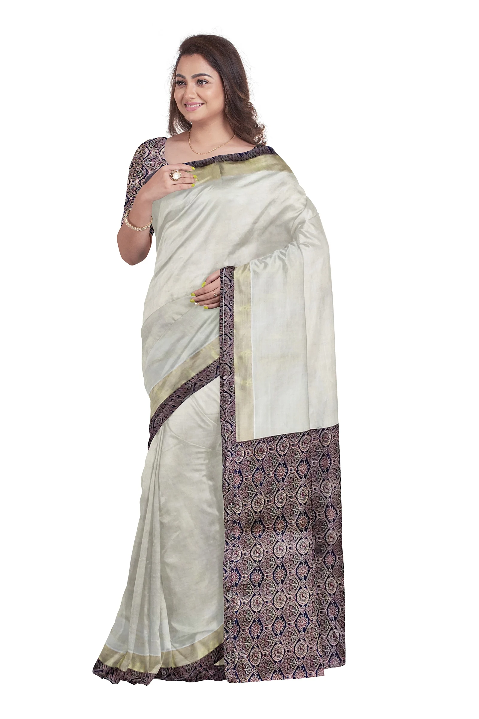 Kerala Tissue Cotton Kasavu Ajrak Saree With seprate Blouse