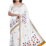 Kerala Cotton Kasavu Embroidery Saree With Running Blouse