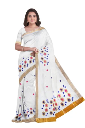 Kerala Cotton Kasavu Embroidery Saree With Running Blouse