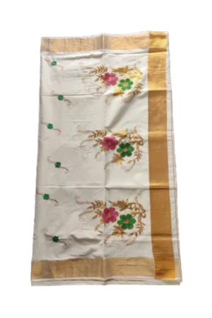 Kerala Cotton Kasavu Embroidery Saree With Running Blouse