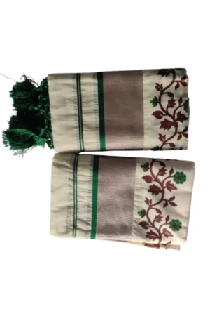 Kerala Kasavu Cotton Printed Set Mundu ( Green Color)