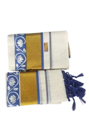 Kerala Kasavu Cotton Printed Set Mundu ( Blue Color)
