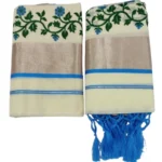 Kerala Kasavu Cotton Printed Set Mundu ( Blue Color)