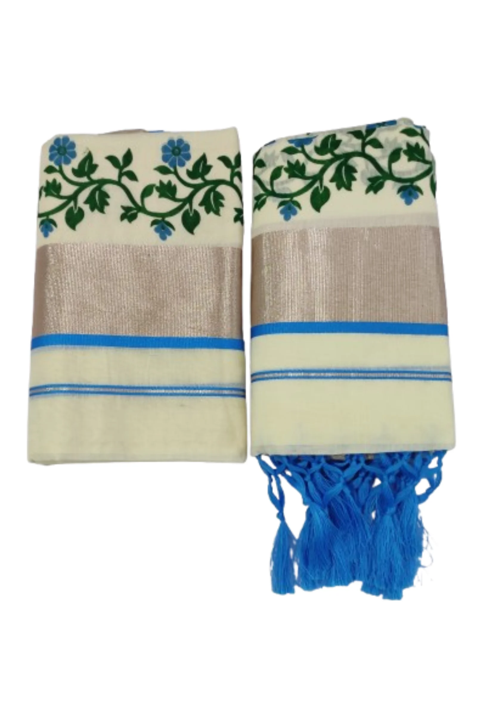 Kerala Kasavu Cotton Printed Set Mundu ( Blue Color)