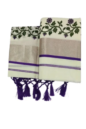 Kerala Kasavu Cotton Print Set Mundu (Purple Color)