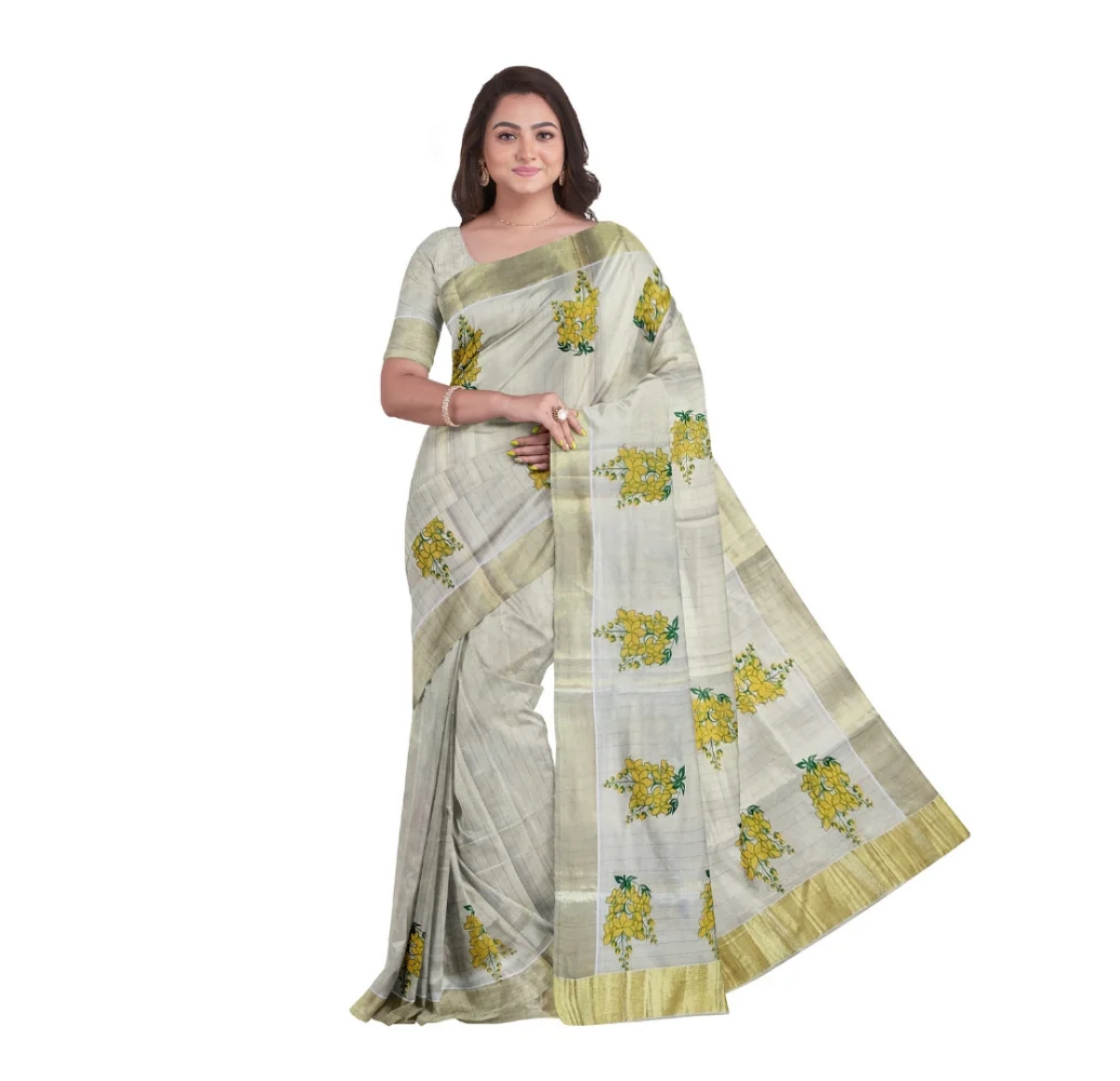 Printed cotton kasavu saree