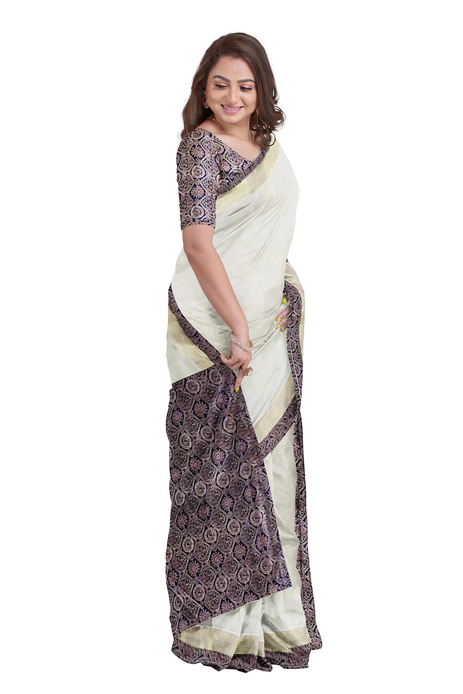 Kerala Tissue Cotton Kasavu Ajrak Saree With seprate Blouse