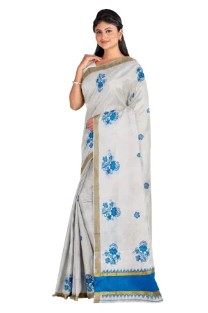 Kerala Cotton Kasavu Printed Saree With Running Blouse