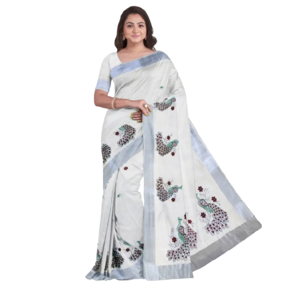 Kerala cotton Embroidery Sarees