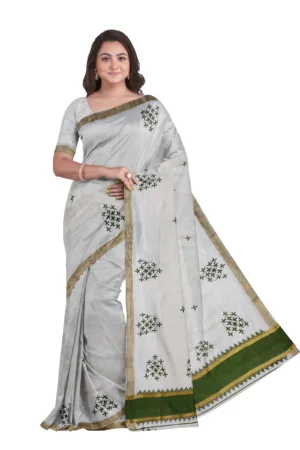 Kerala Cotton Kasavu Printed Saree With Running Blouse