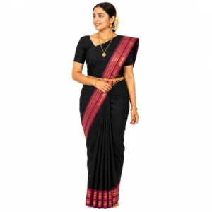 Chettinad Cotton Plain Saree With Running Blouse ( Black Colour)