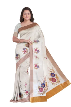 Kerala Cotton Kasavu Embroidery Saree With Running Blouse