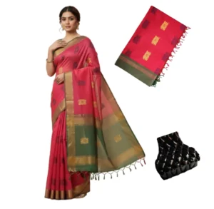Negamam Cotton Saree With Running Blouse Red Colour