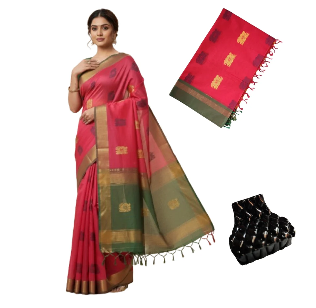 Negamam Cotton Saree With Running Blouse Red Colour