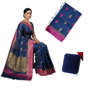 Negamam Cotton Saree With Running Blouse Navy Blue Colour