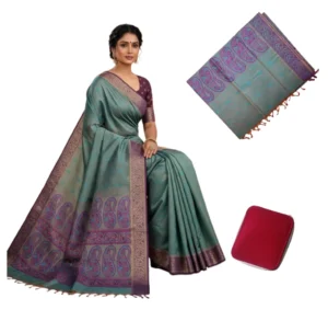 Negamam Cotton Saree With Running Blouse Light Green and Cement Mixed Colour