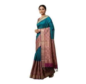 Negamam Cotton Saree With Running Blouse Peacock Green colour