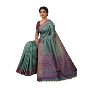 Negamam Cotton Saree With Running Blouse Light Green and Cement Mixed Colour