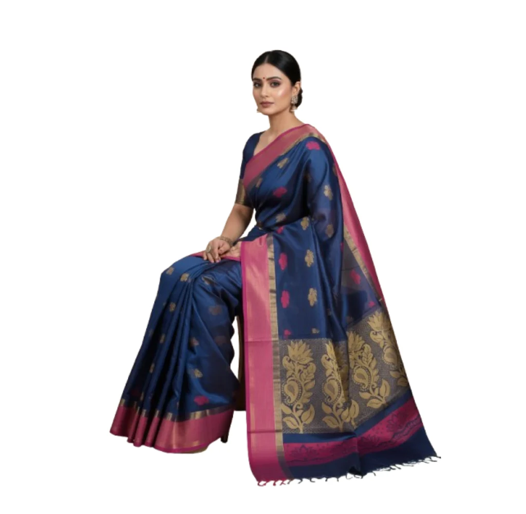 Negamam Cotton Saree With Running Blouse Navy Blue Colour