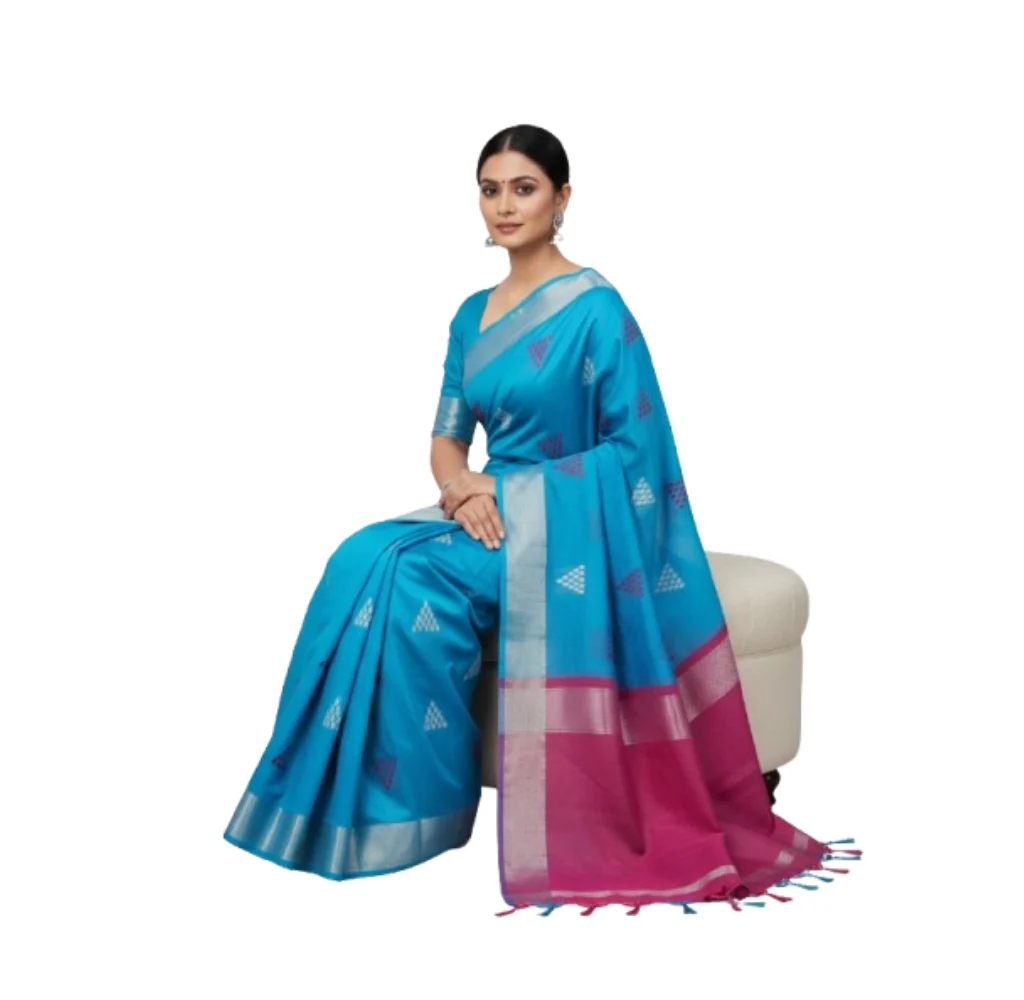 Negamam Cotton Saree With Running Blouse Sky Blue Colour