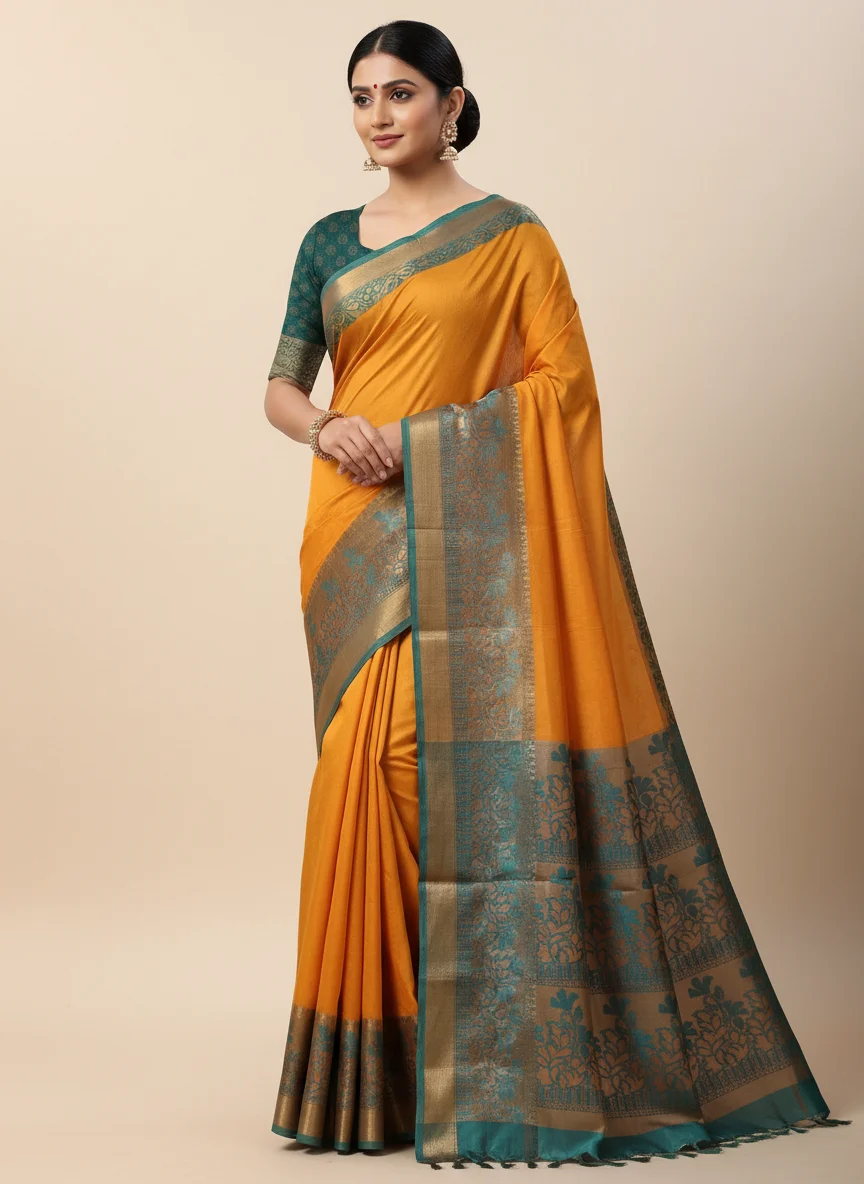 Negamam Cotton Saree With Running Blouse Yellow Colour