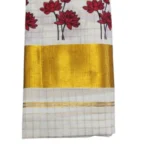 Kerala Kasavu Cotton Checked And Printed Set Mundu ( Red Colour)
