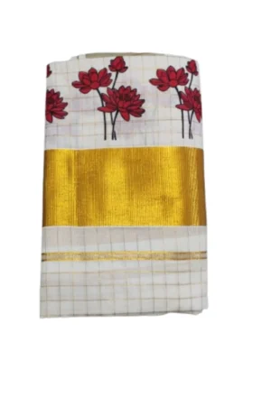 Kerala Kasavu Cotton Checked And Printed Set Mundu ( Red Colour)