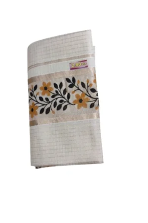 Kerala Kasavu Tissue Checked And Printed Set Mundu Sandal Colour