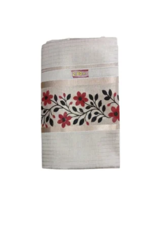 Kerala Kasavu Tissue Checked And Printed Set Mundu Red Colour
