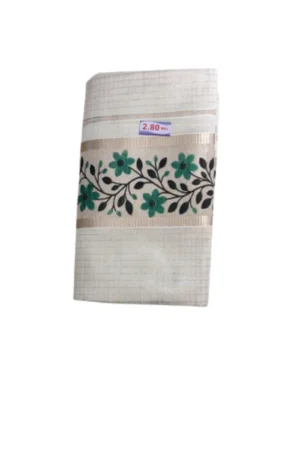 Kerala Kasavu Tissue Checked And Printed Set Mundu Green Colour