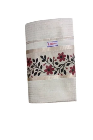 Kerala Kasavu Tissue Checked And Printed Set Mundu Red Colour