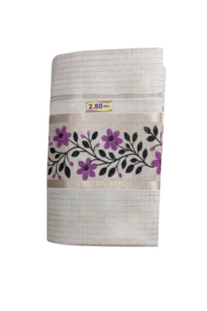 Kerala Kasavu Tissue Checked And Printed Set Mundu Purple Colour