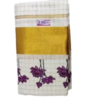 Kerala Kasavu Cotton Checked And Printed Set Mundu Violet Colour