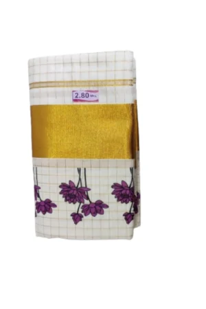 Kerala Kasavu Cotton Checked And Printed Set Mundu Violet Colour