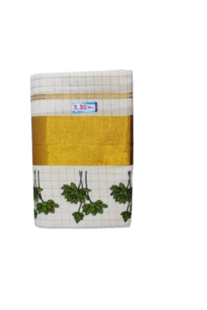Kerala Kasavu Cotton Checked And Printed Set Mundu Green Colour