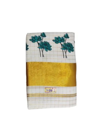 Kerala Kasavu Cotton Checked And Printed Set Mundu Blue Colour